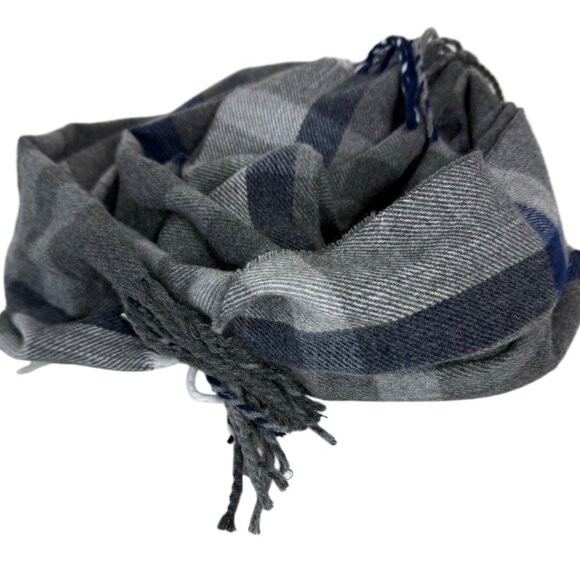 Winter Plaid Cashmere Feel Scarf Tassels Grey Blue Italian Design Warm Gift - Picture 7 of 13